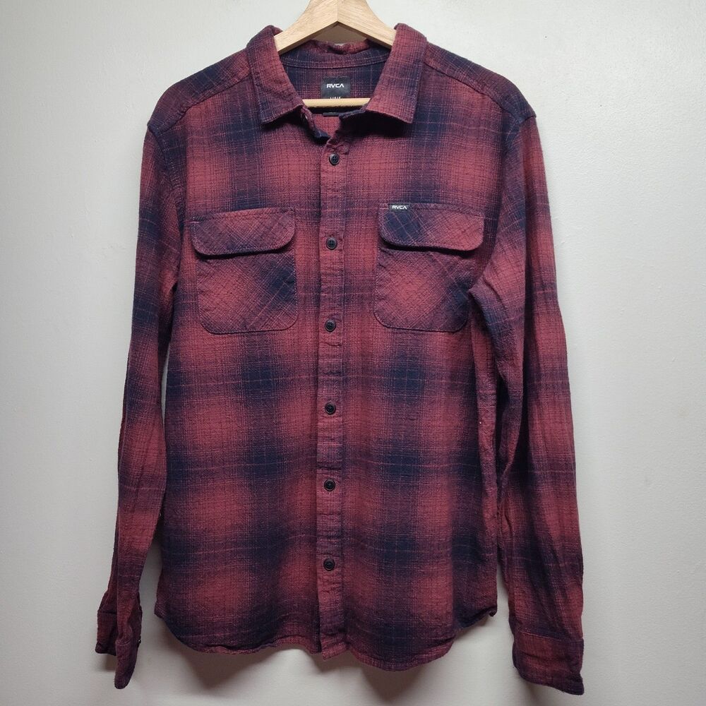 RVCA Button Down Shirt Men Size L Red Blue Plaid Thick Casual Spring Fall